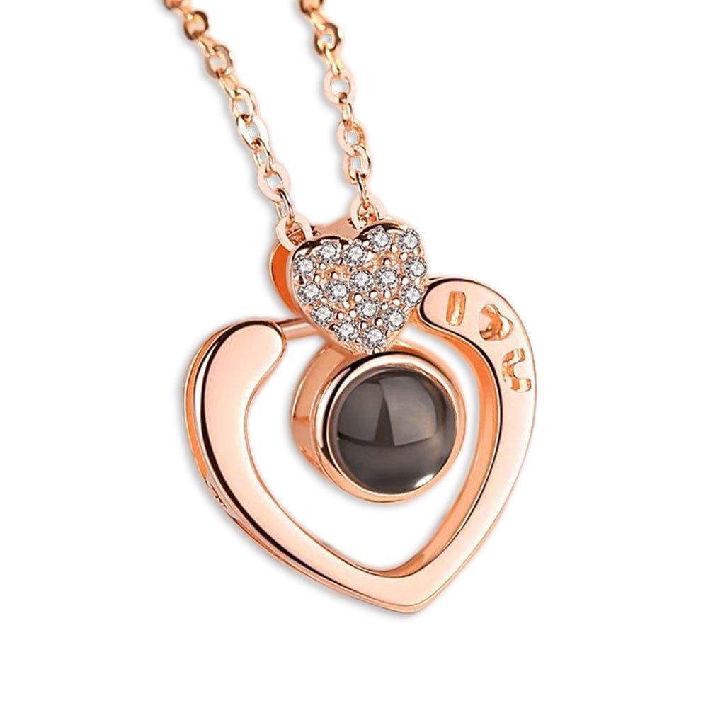 Photo Projection CZ "I HEART U" Heart Necklace & Chain