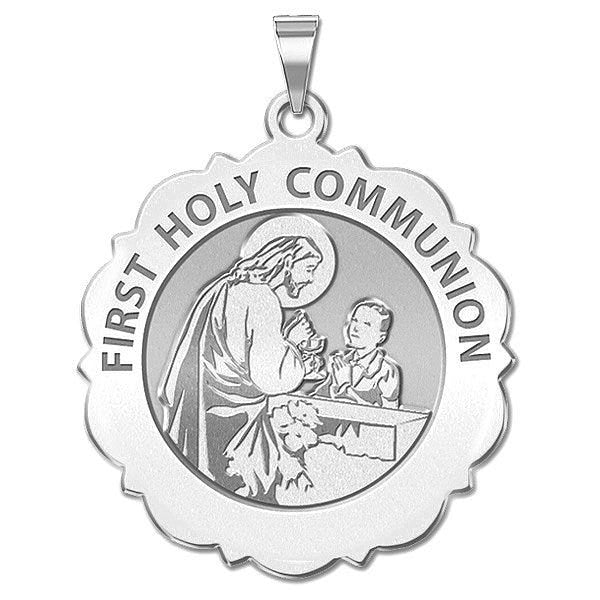 First Holy Communion Scalloped Round Religious Medal (Boy) "EXCLUSIVE"