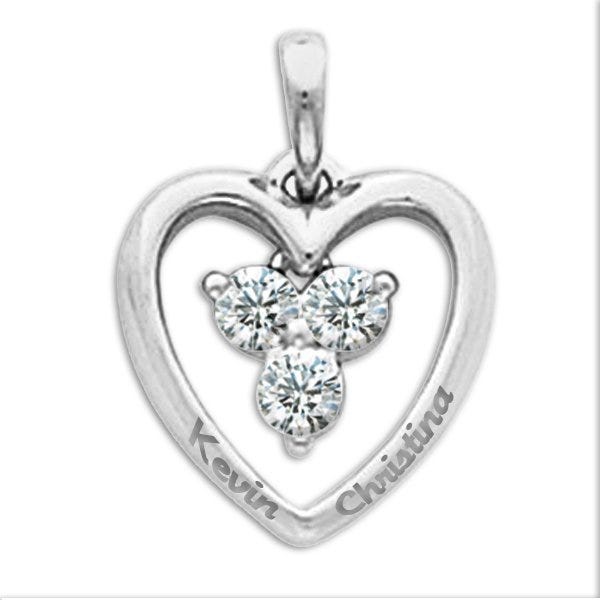 Personalized Sterling Silver Couple's Heart  Pendant w/ Three CZ's