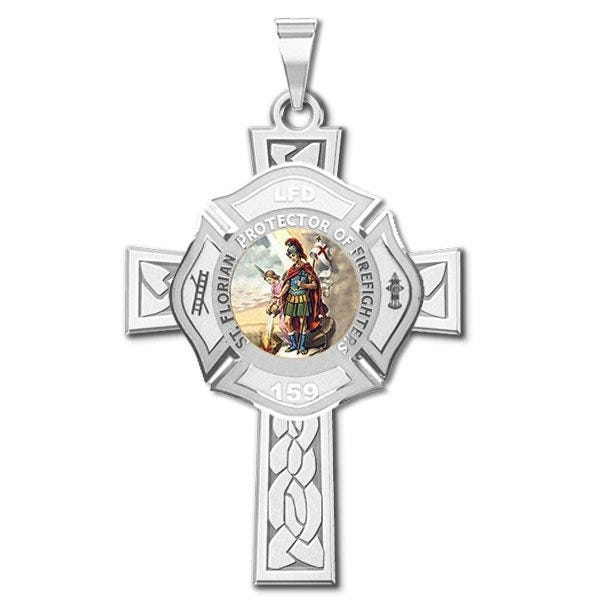 Saint Florian Personalized Fire Badge Cross Religious Color Medal  "EXCLUSIVE"