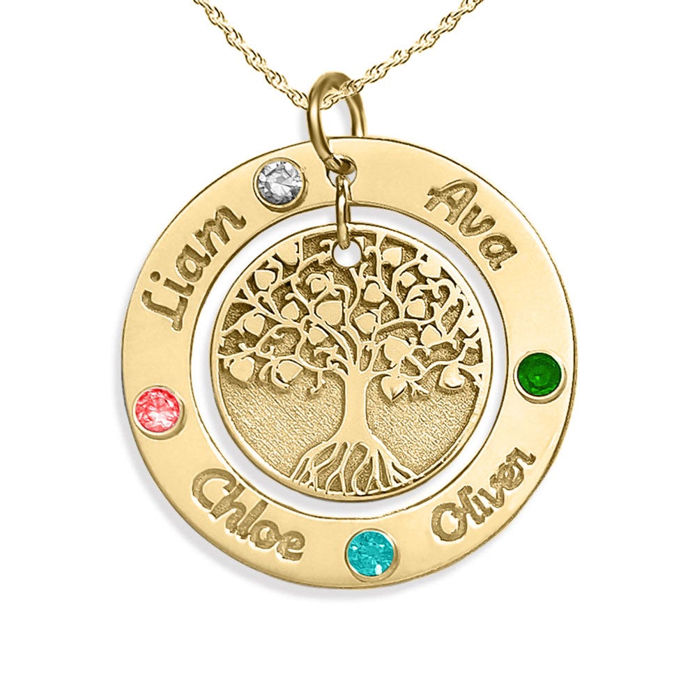 Personalized Round Family Tree Pendant with 4 Birthstones & Names