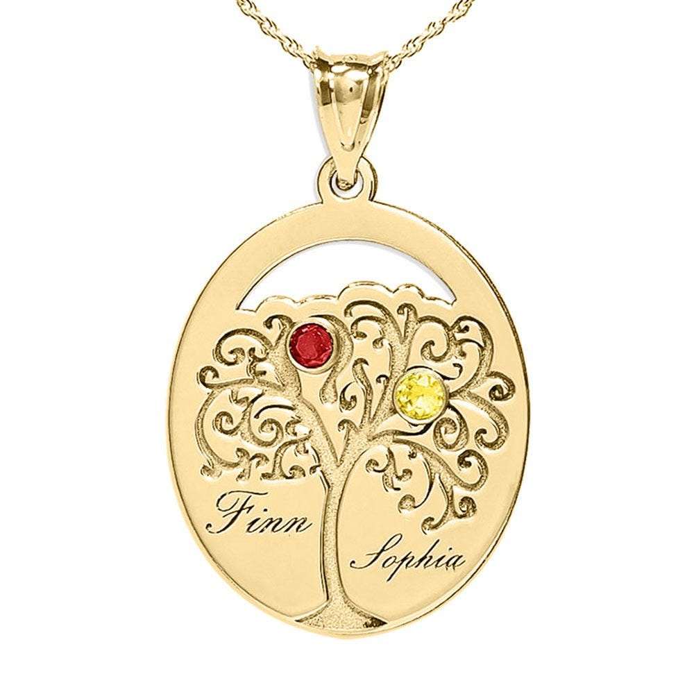 Personalized Family Tree Pendant with 2 Names and Birthstones- Includes 18 Inch Chain