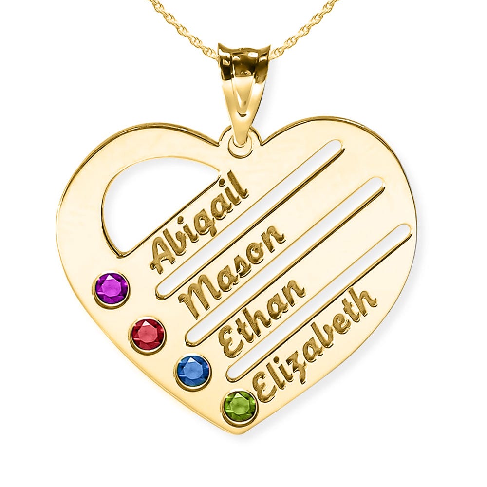 Personalized Heart Family Pendant With 4 Birthstones & Names - Includes 18 inch Chain