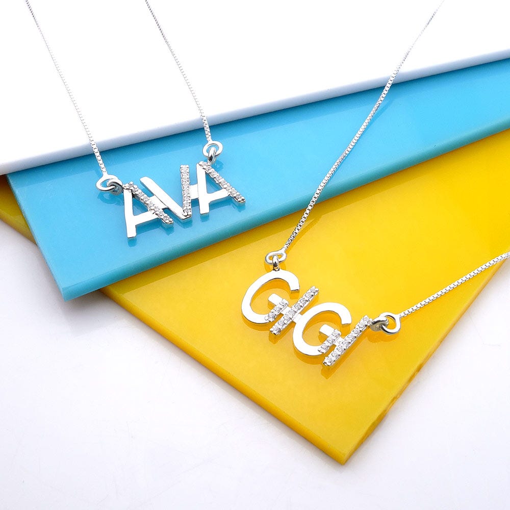 Block Name Necklace with Diamonds