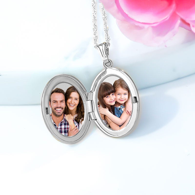14k White Gold Oval Photo Locket with Diamond
