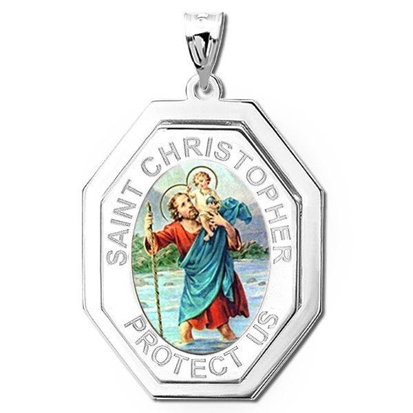 Saint Christopher Three Dimensional Premium Weight Long Octagon Religious Medal - Color