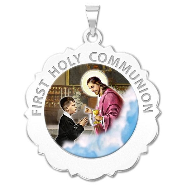 First Holy Communion Scalloped Round Religious Medal (Boy) "Color EXCLUSIVE"