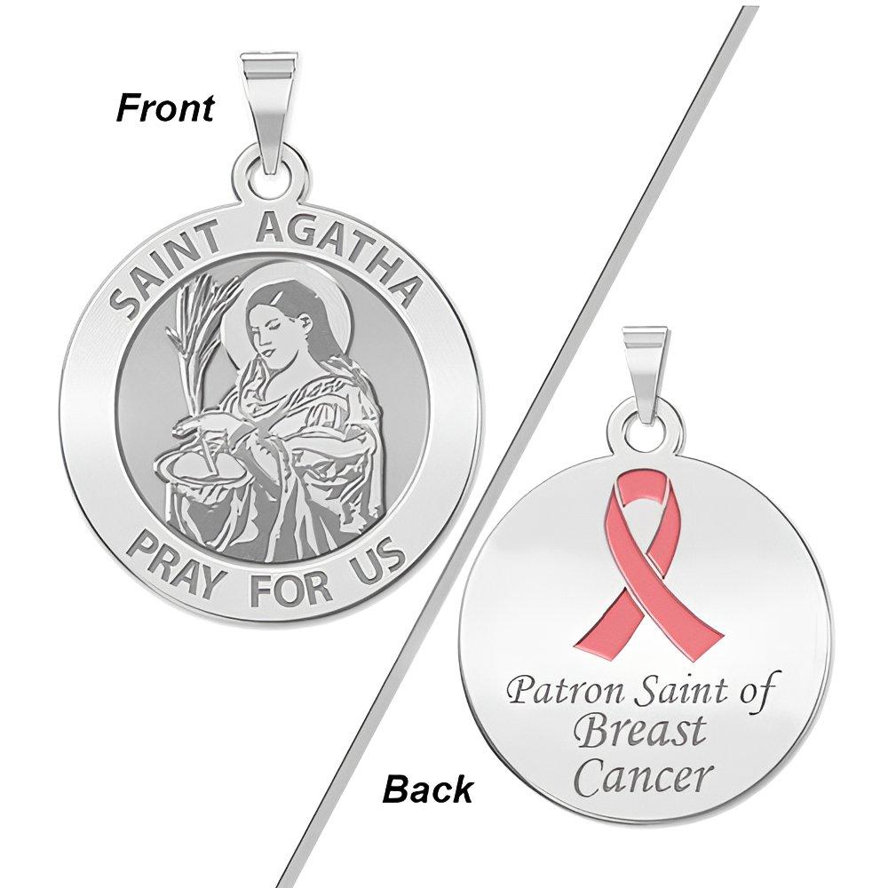 Saint Agatha Double Sided Patron Saint of  Breast Cancer Round Religious Medal w/ Pink Ribbon