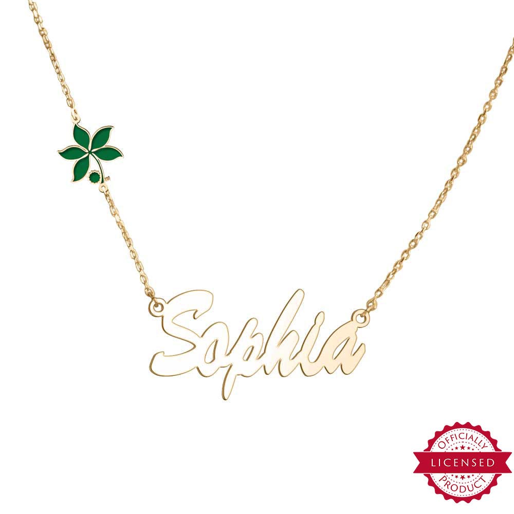 Ohio State University Name Necklace with Color Enamel Buckeye Leaf Charm