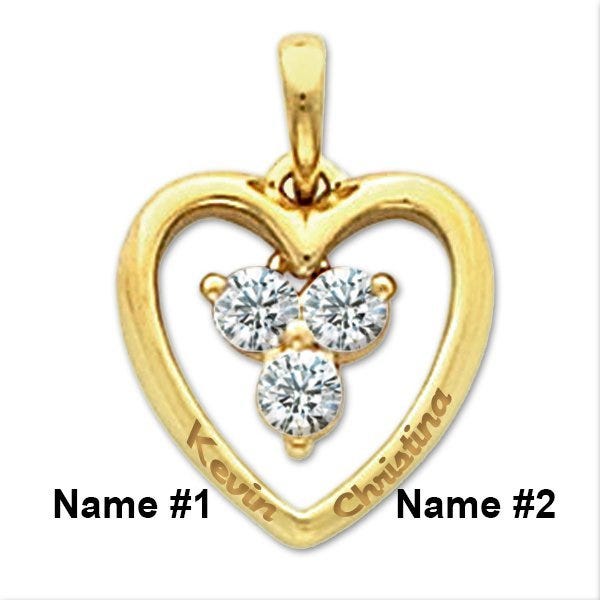 Personalized Sterling Silver Couple's Heart  Pendant w/ Three CZ's