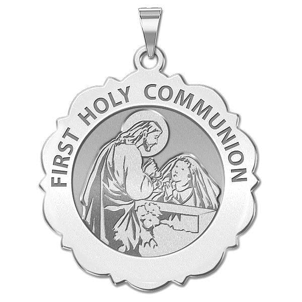First Holy Communion Religious Medal Scalloped Round  (Girl) "EXCLUSIVE"