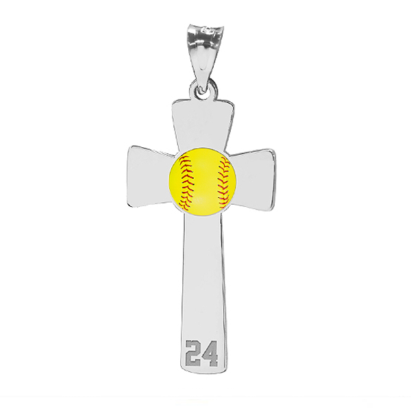 Softball Color Enameled Cross Pendant w/ Number