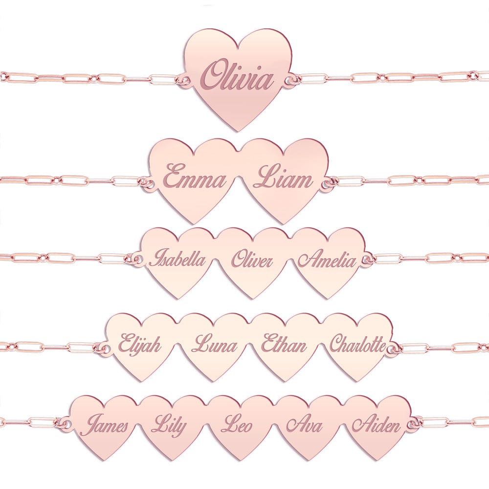 Personalized Family Heart Bracelet with up to 5 Name Hearts with Paperclip Chain Included