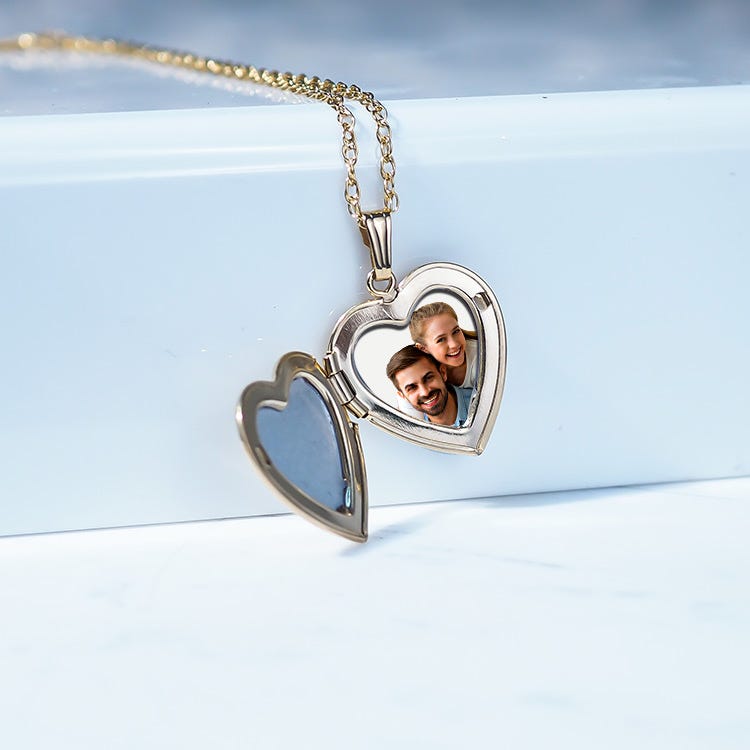 Solid 14K Yellow Gold Heart Photo Locket with Diamonds