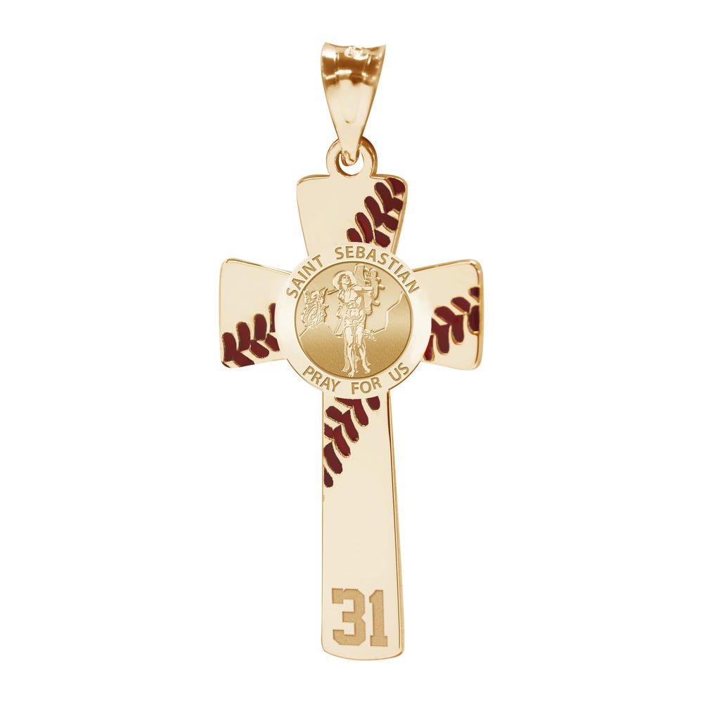 Baseball Stitched Saint Sebastian Enameled Cross Pendant w/ Number