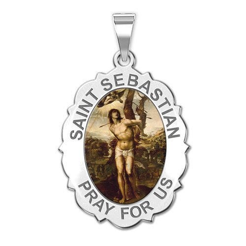 Saint Sebastian - Scalloped  Oval Religious Medal "Color EXCLUSIVE"