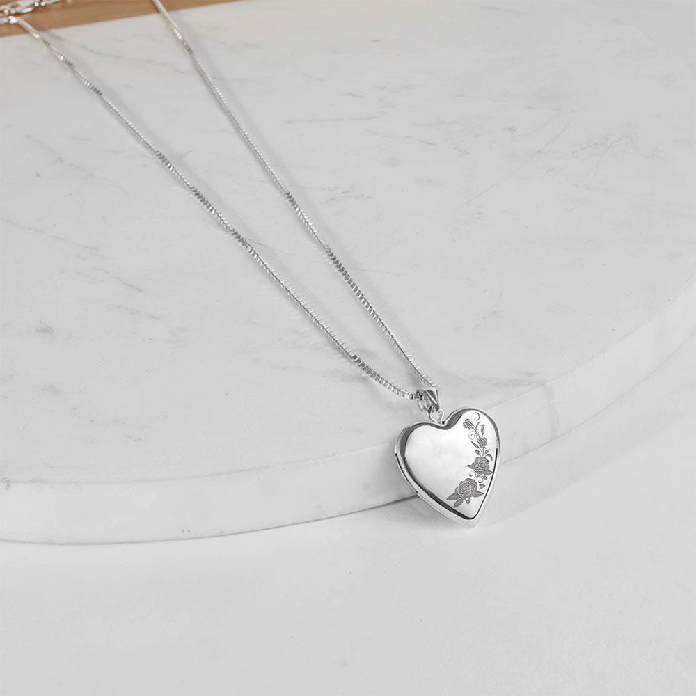 14K White Gold Roses Heart Photo Locket