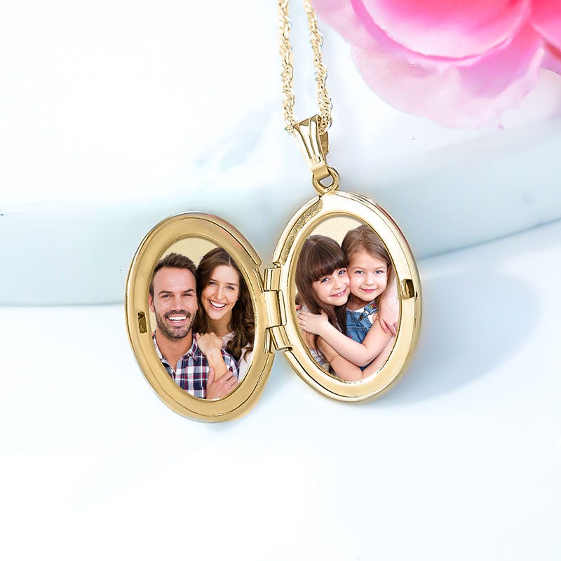 Solid 14K Yellow Gold Mother & Child Cameo Oval Photo Locket