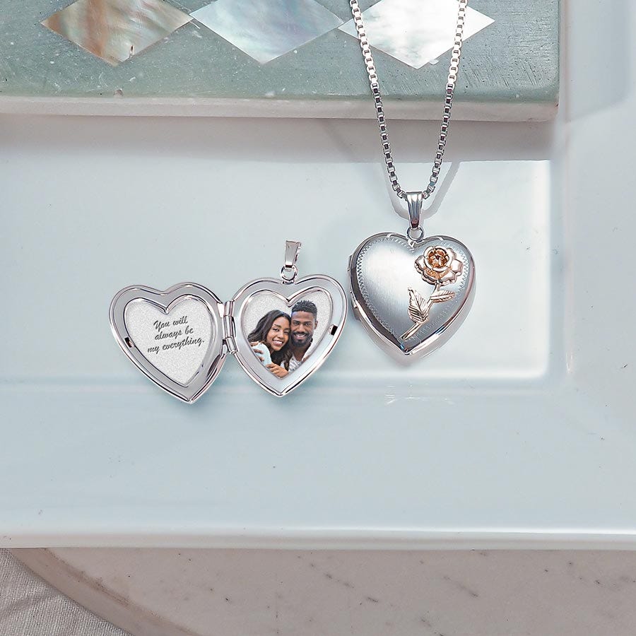 14k White Gold Two Tone Rose Heart Photo Locket