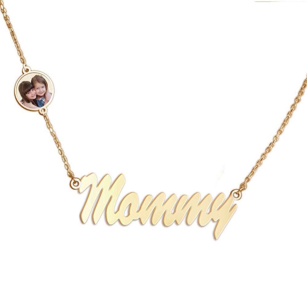 Personalized Mother Name Necklace with Round Photo Charm