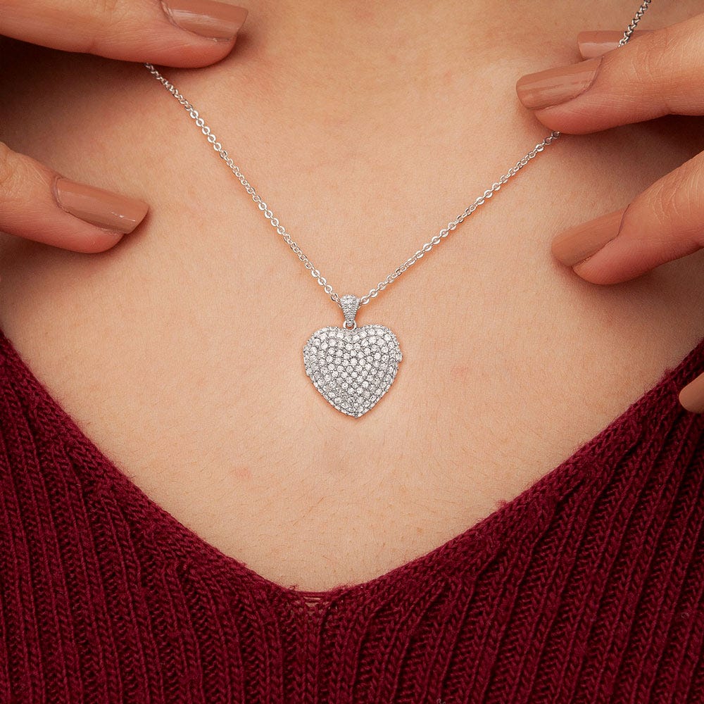 Silver Cubic Zirconia Photo Heart Photo Locket