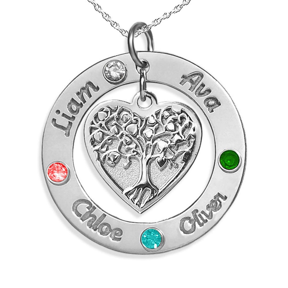 Personalized Round Family Tree Pendant with 4 Birthstones & Names