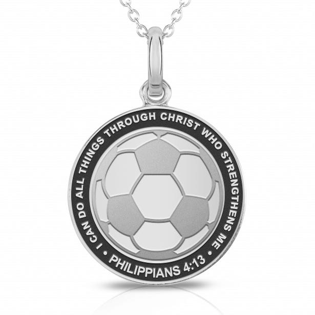 " Through Christ Who Strengthens Me" Soccer Charm or Pendant - 1 inch x 1 inch in Solid 14K Yellow Gold