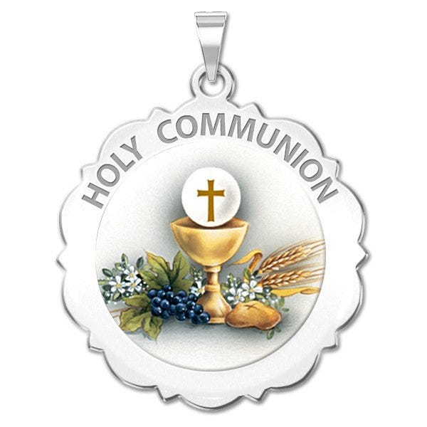 Holy Communion Scalloped Round Religious Medal Color