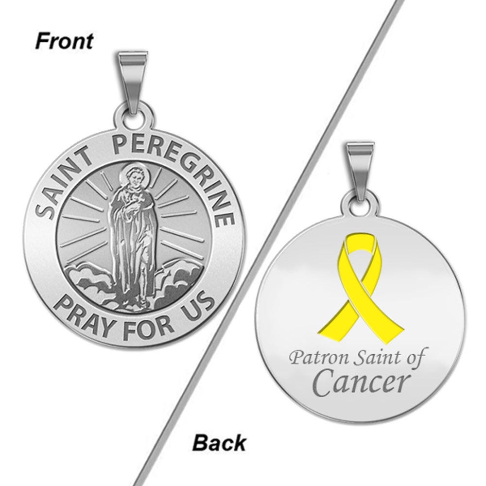 Saint Peregrine Double Sided Patron Saint of Cancer Round Religious Medal w/ Color Ribbon