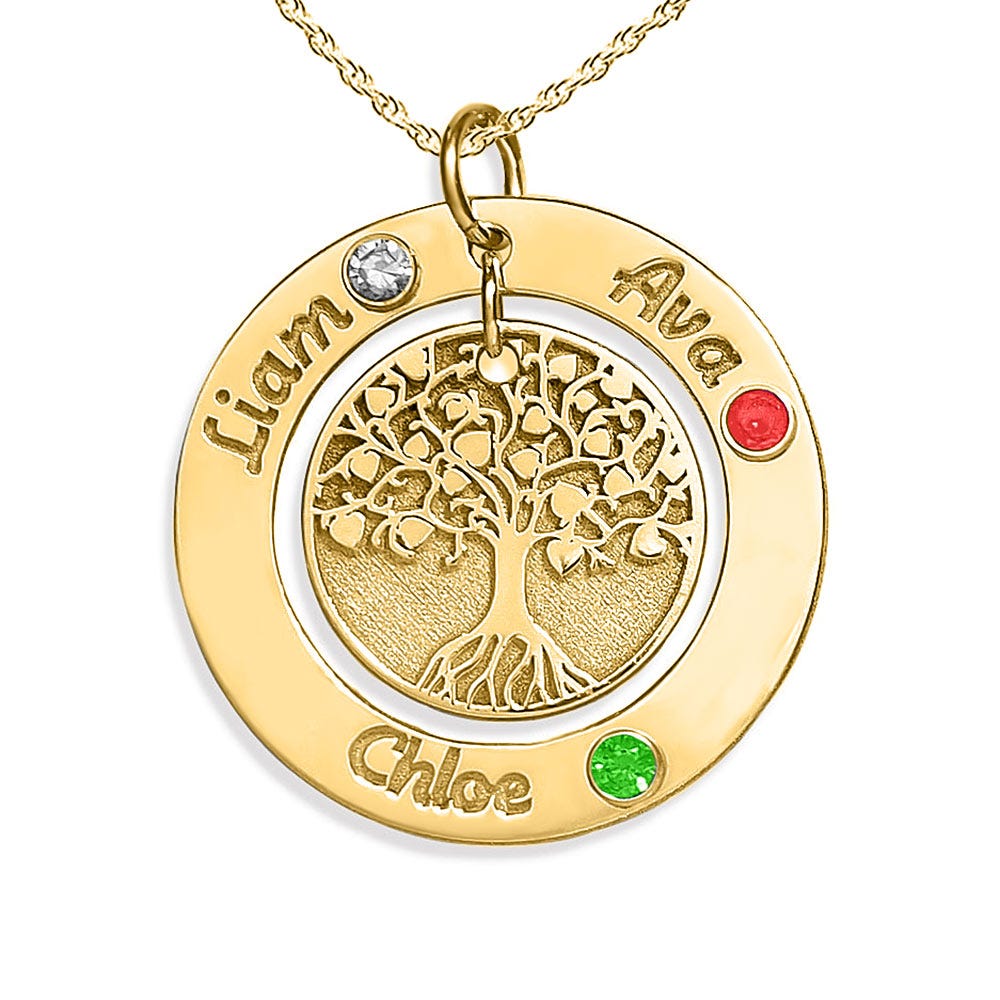 Personalized Round Family Tree Pendant with Three Birthstones & Names- Includes 18 Inch Chain