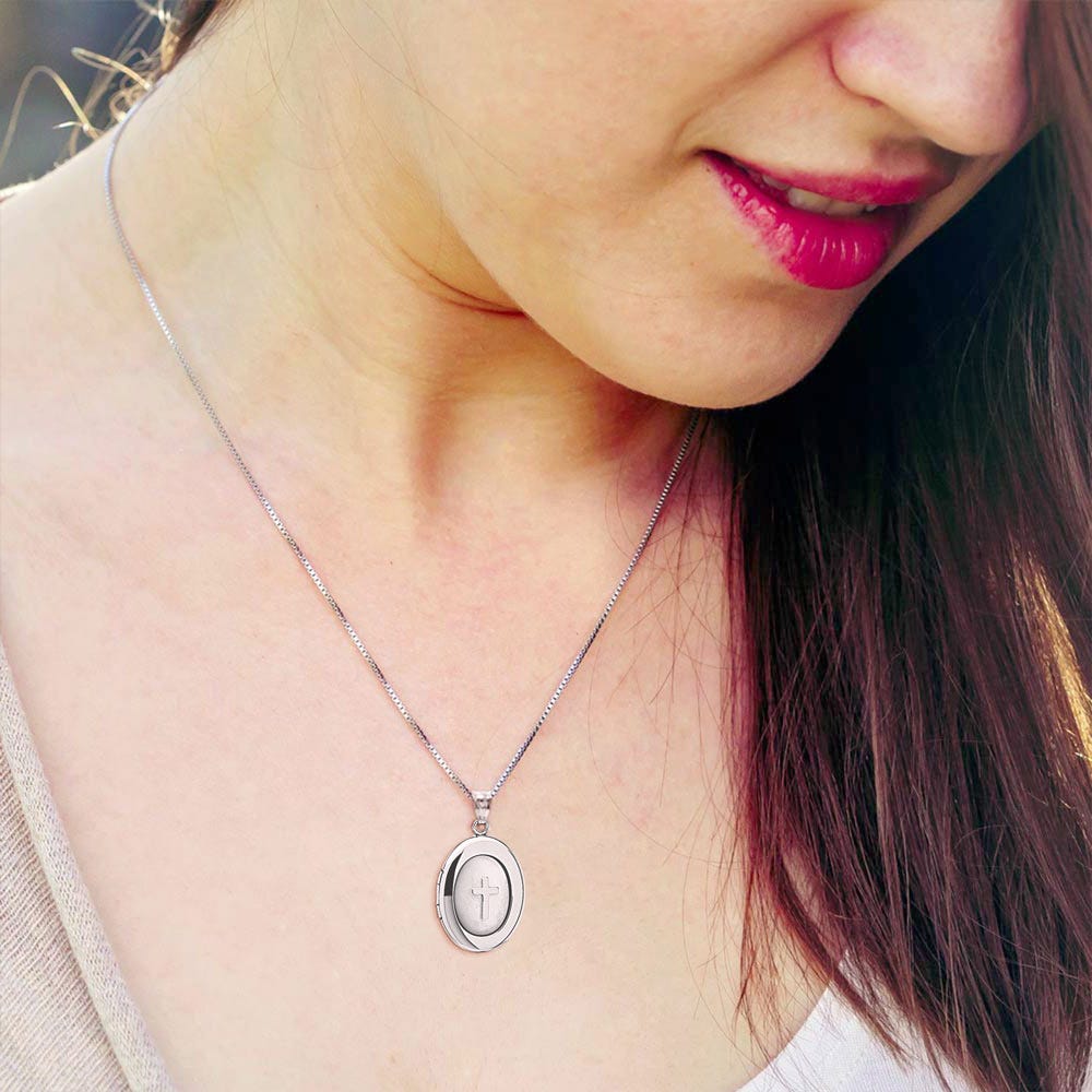 Silver Mother of Pearl Cross Oval Photo Locket