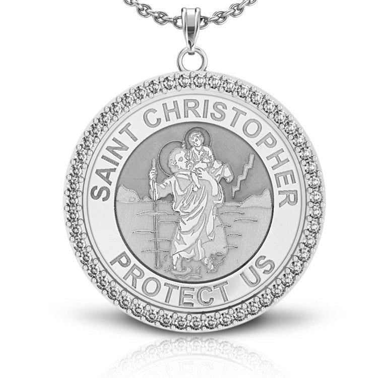 Saint Christopher Diamond Studded Round Religious Medal