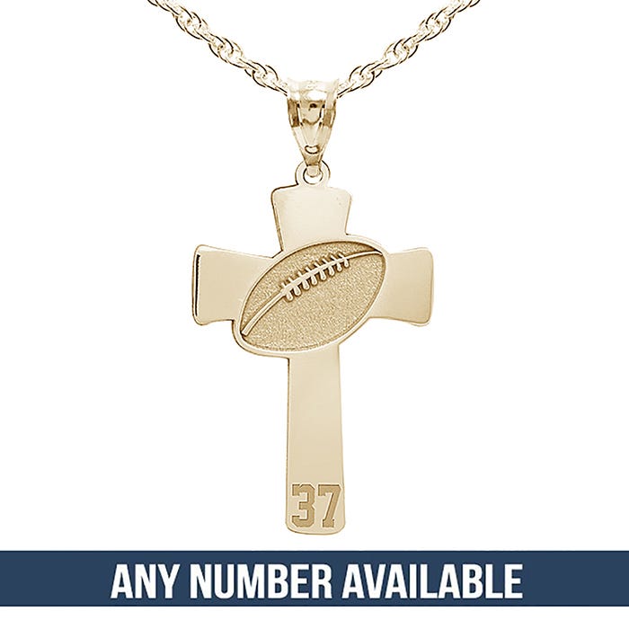 Football Stitch Engraved Cross Pendant w/ Number