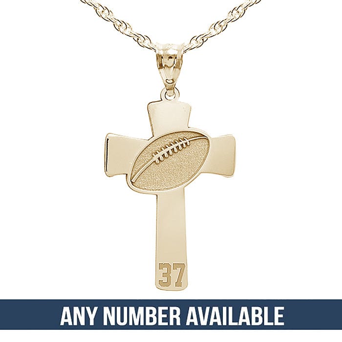 Football Stitch Engraved Cross Pendant w/ Number