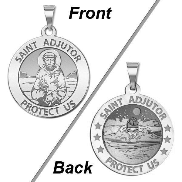 Saint Adjutor Doubles Sided Male Swimmer Round Religious Medal