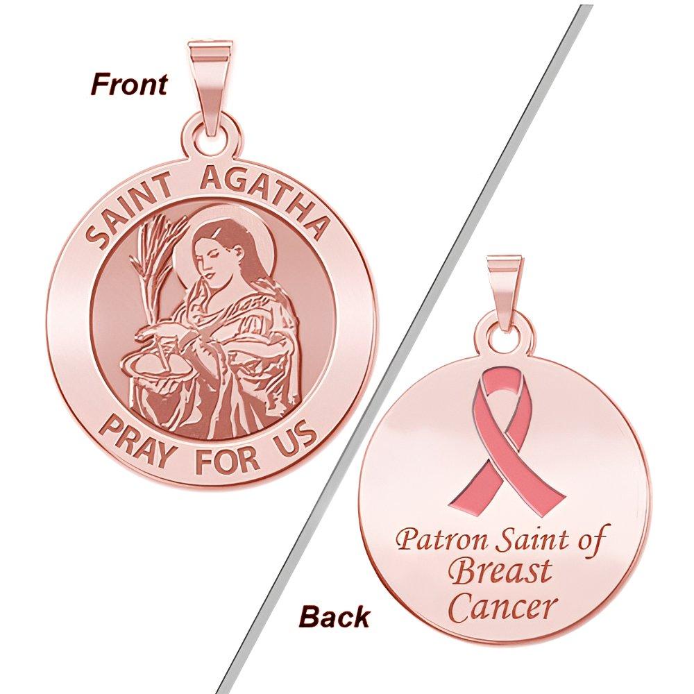 Saint Agatha Double Sided Patron Saint of  Breast Cancer Round Religious Medal w/ Pink Ribbon