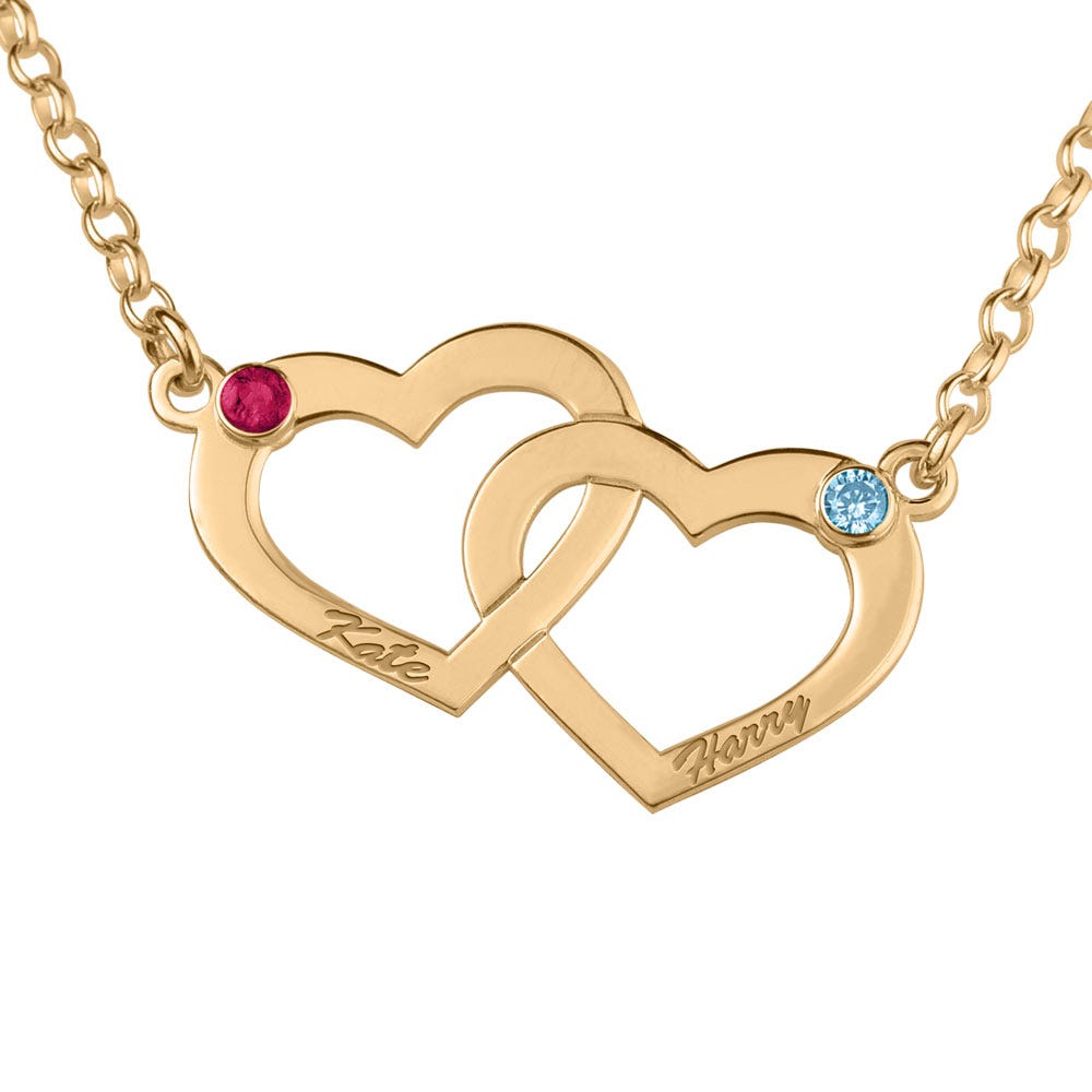 Interlocking Heart Necklace with Two Birthstones & Two Names