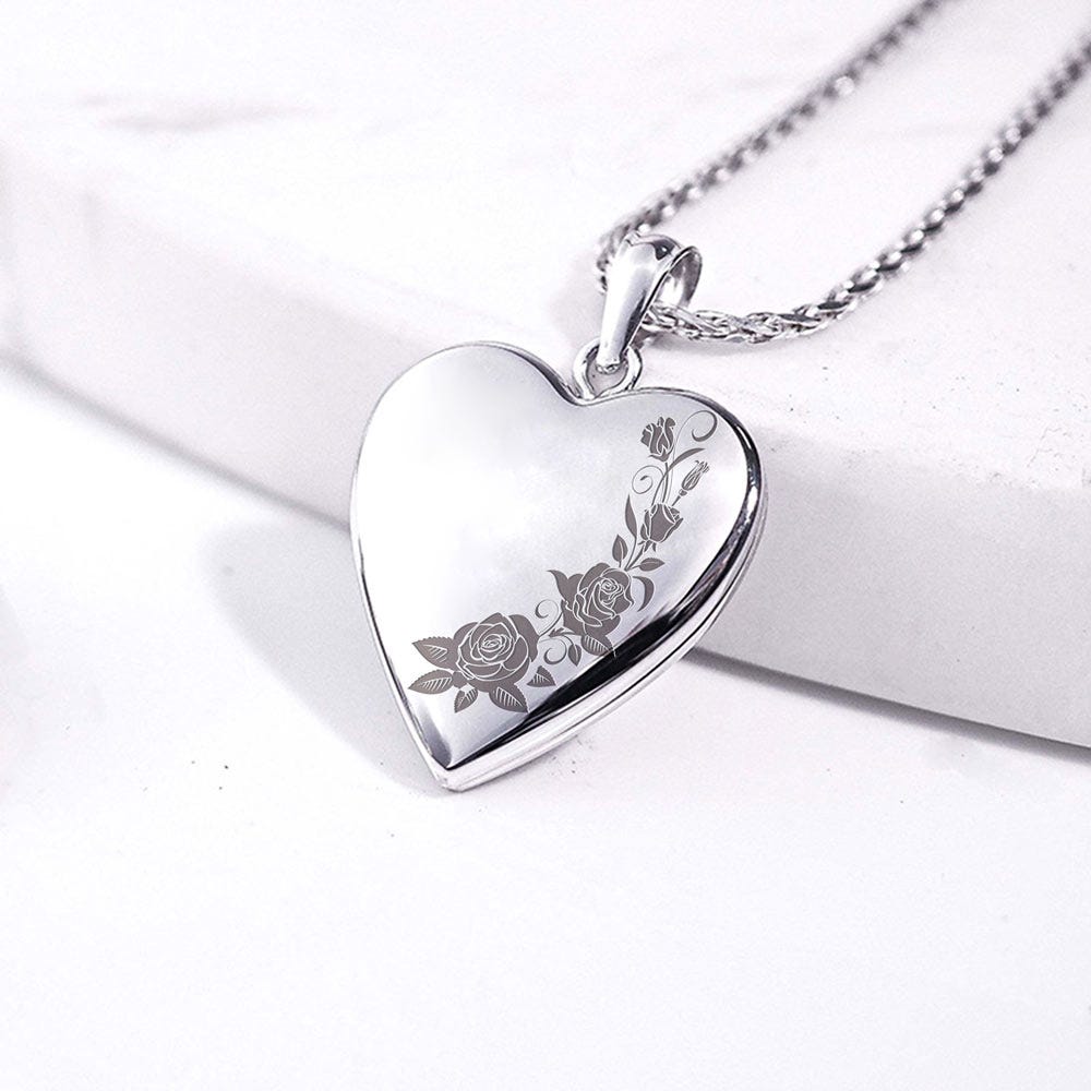 14K White Gold Roses Heart Photo Locket
