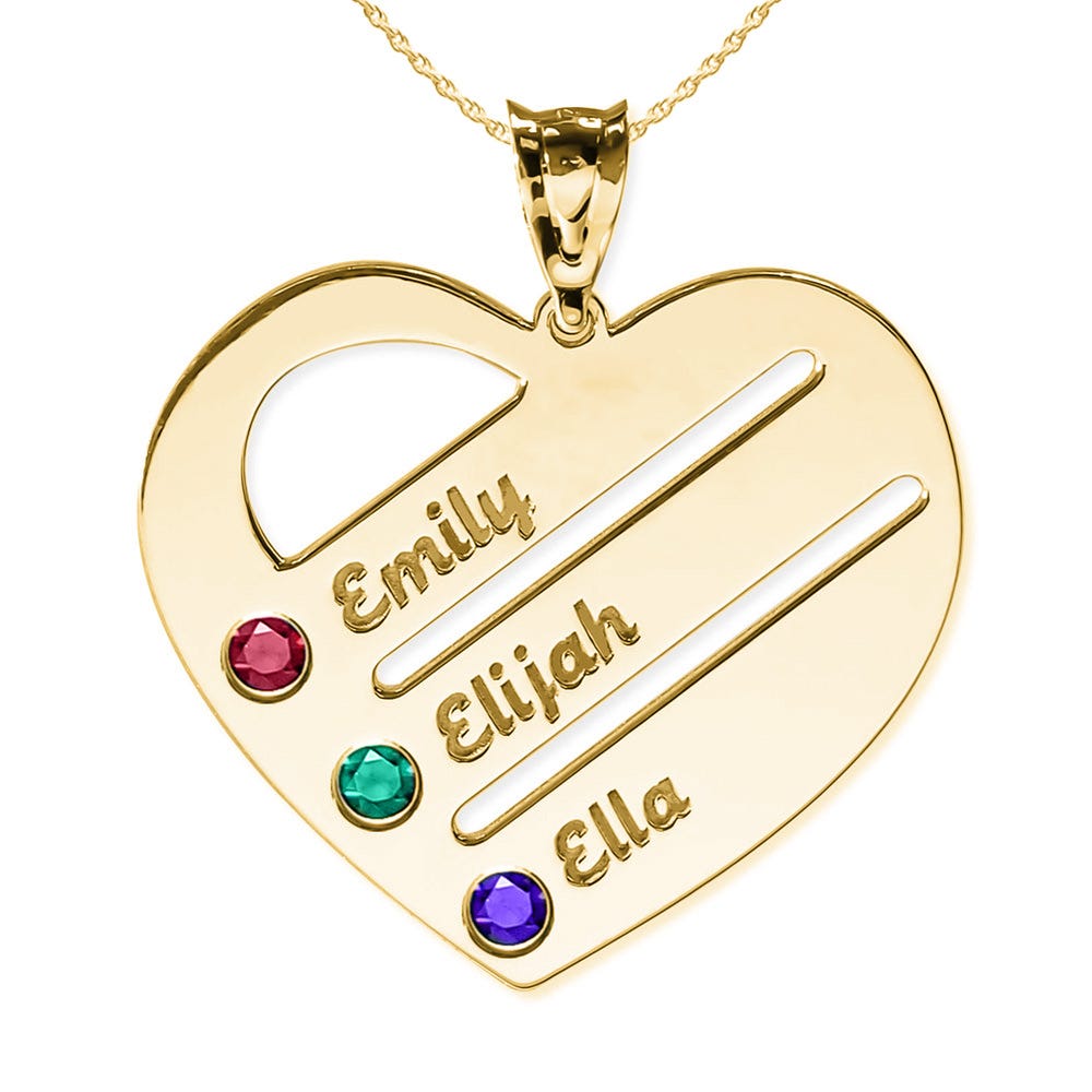 Personalized Heart Family Pendant with 3 Birthstones & Names Includes 18 Inch Chain