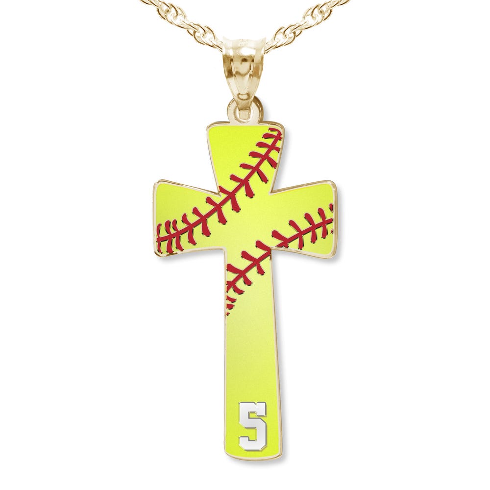 Softball Stitch Enameled Cross Pendant w/ Number