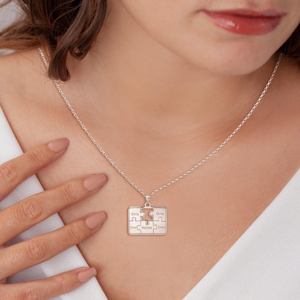 Personalized Family Five Piece Jigsaw Puzzle Pendant - Includes 18 Inch Chain