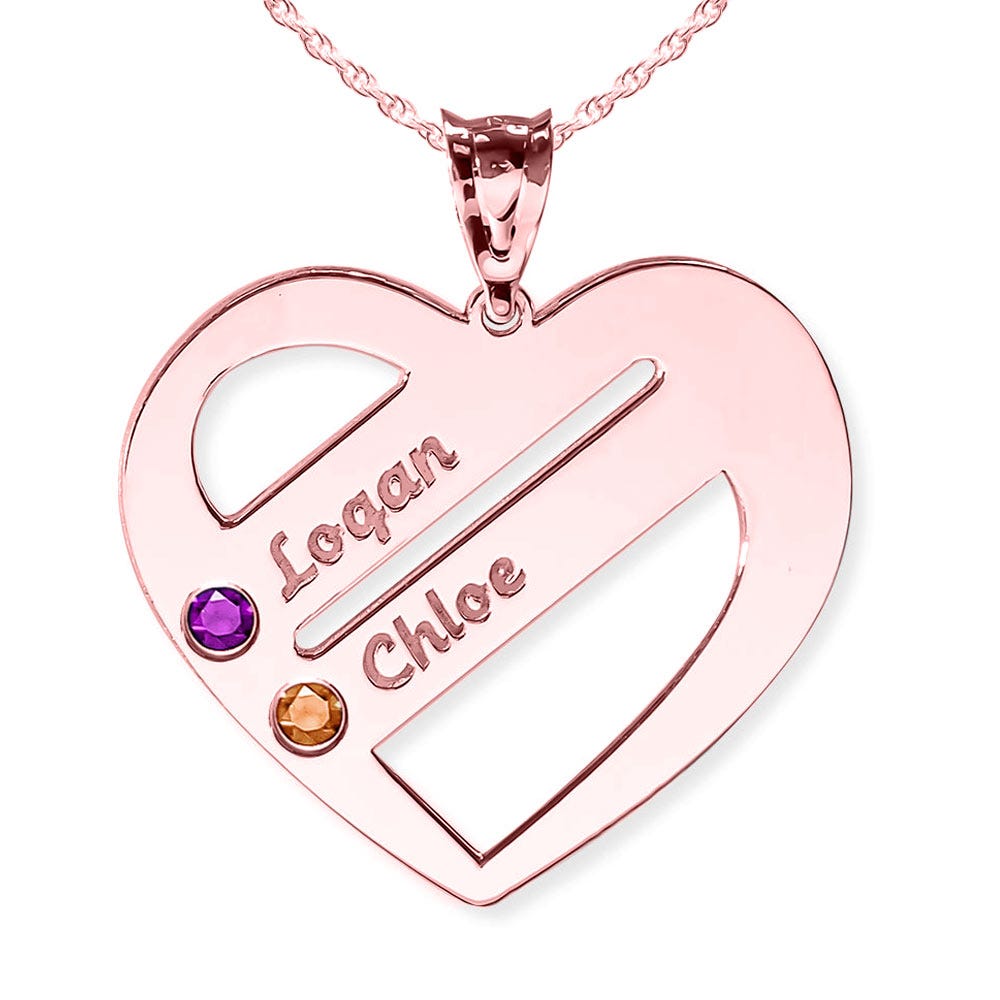 Personalized Heart Family Pendant with 2 Birthstones & Names- Includes 18 Inch Chain