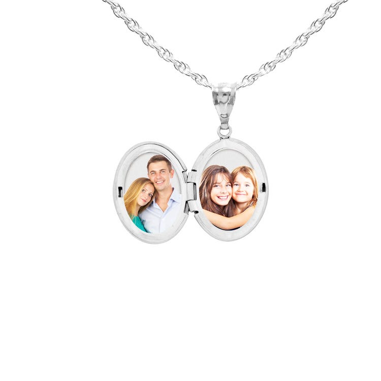 14k White Gold Small Oval Photo Locket with Diamond