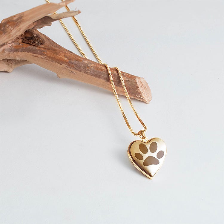 Yellow Gold Dog Paw Print Heart Photo Locket