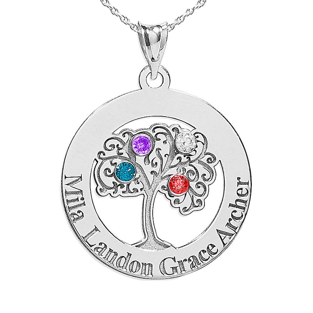 Personalized Family Tree Pendant with Four Names and Birthstones