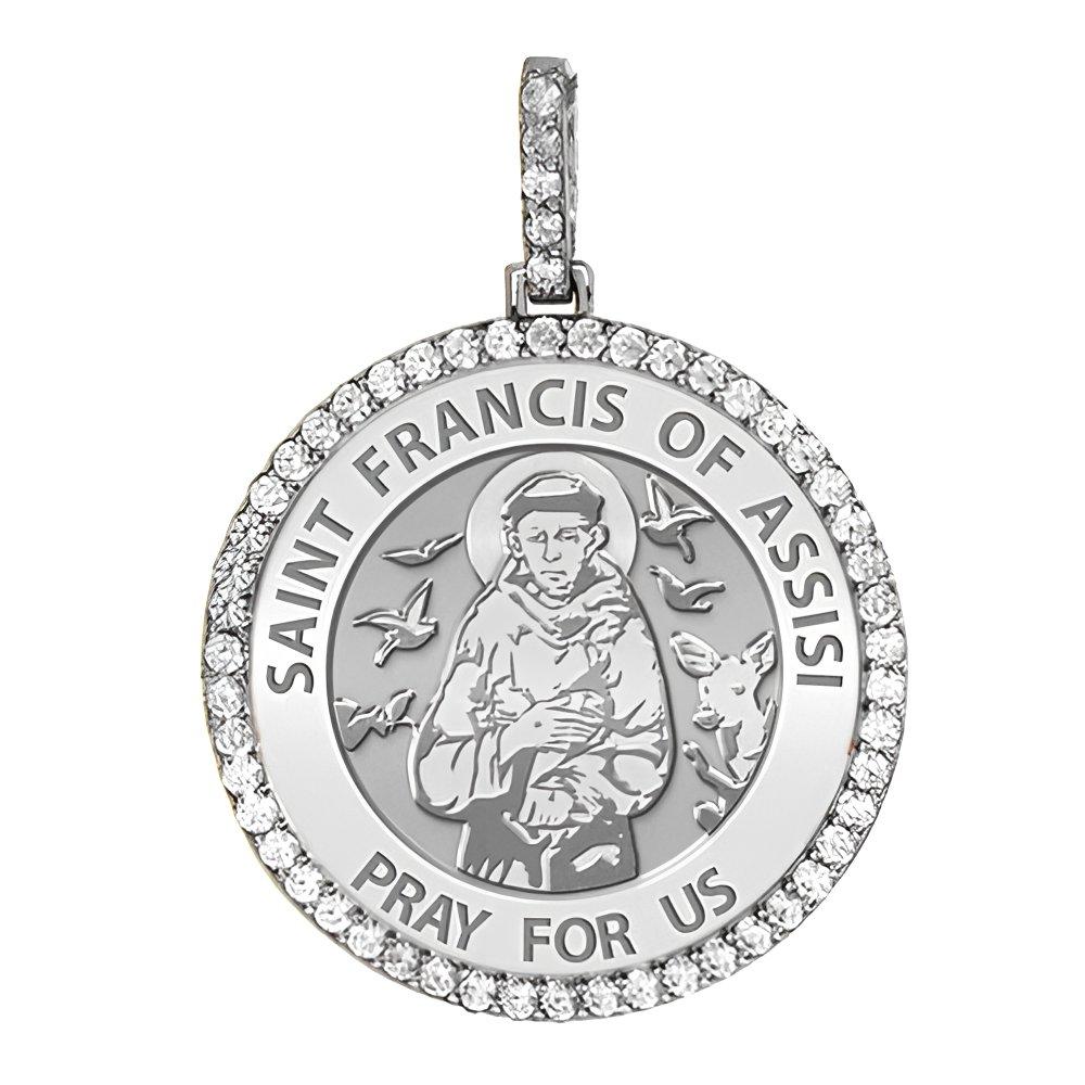 Large Saint Francis of Assisi Diamond Round Religious Medal