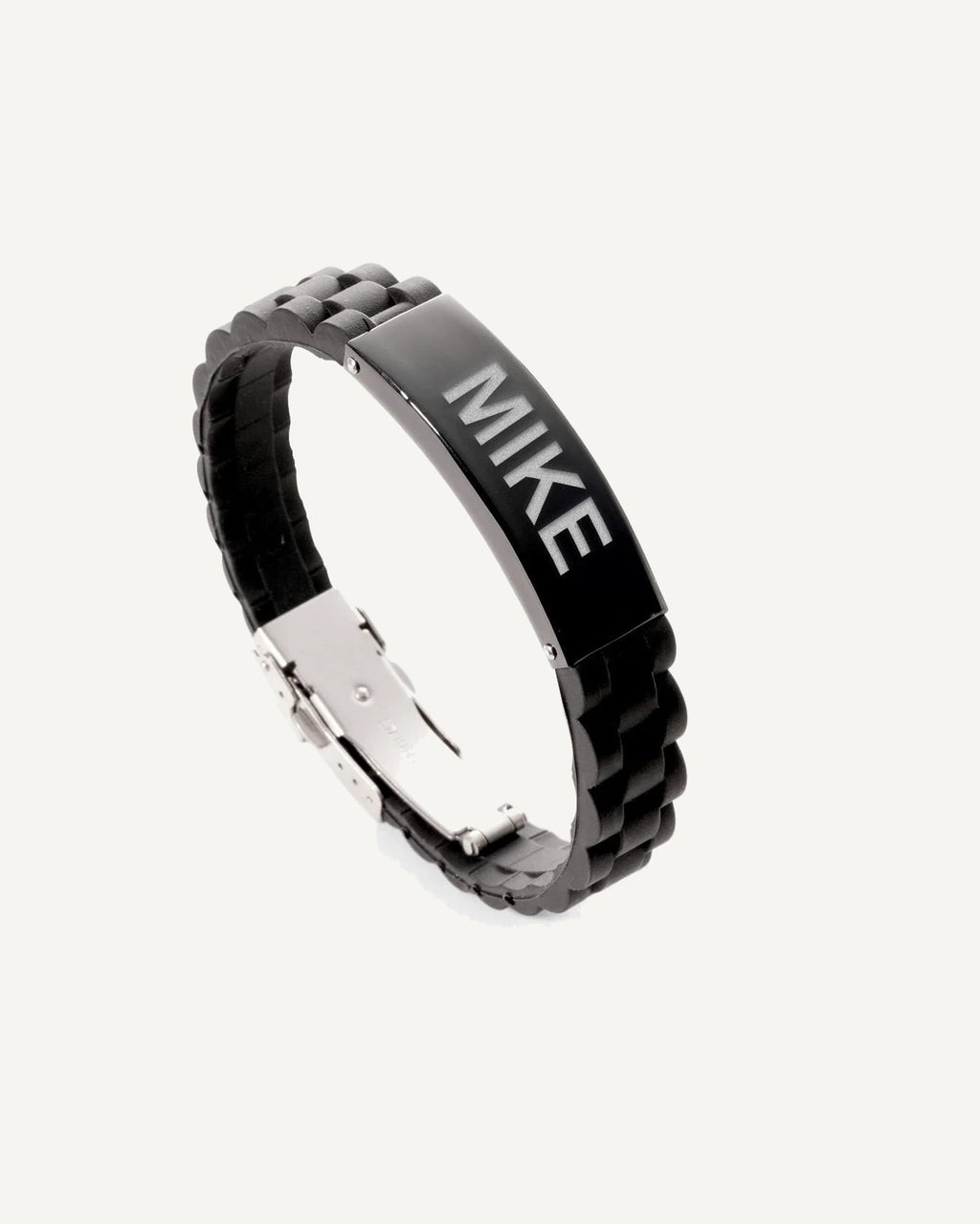 Engraved Black Stainless Steel ID Bracelet with Black Rubber Band