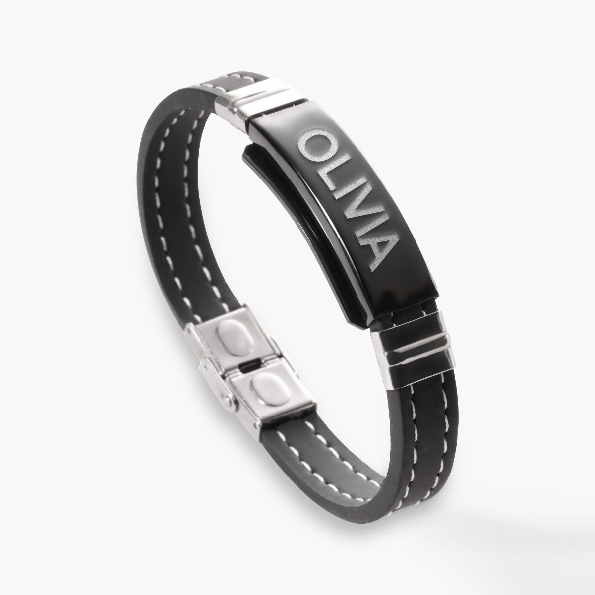 Engraved Black Stainless Steel ID Bracelet with Black Rubber Stitched Band
