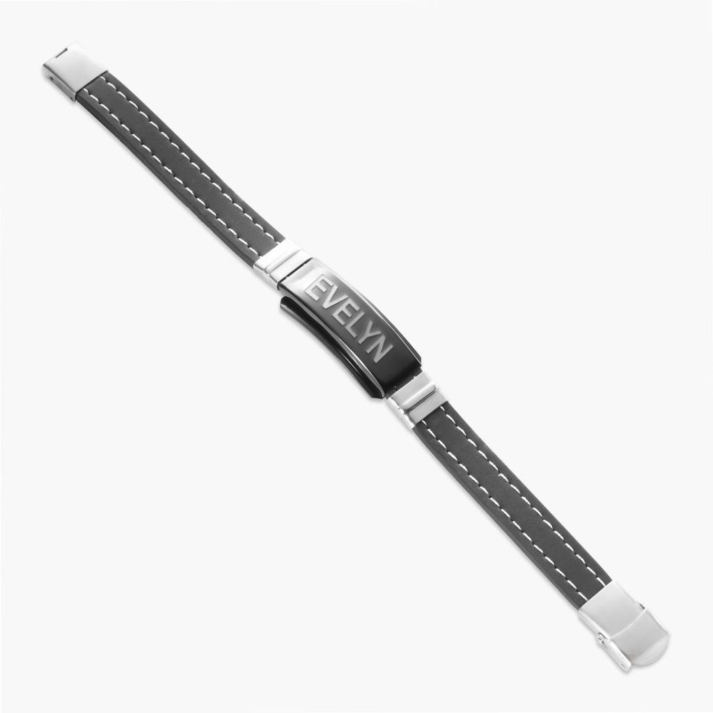 Engraved Black Stainless Steel ID Bracelet with Black Rubber Stitched Band