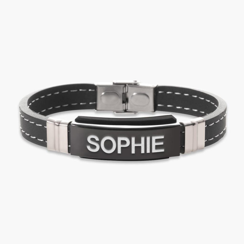 Engraved Black Stainless Steel ID Bracelet with Black Rubber Stitched Band
